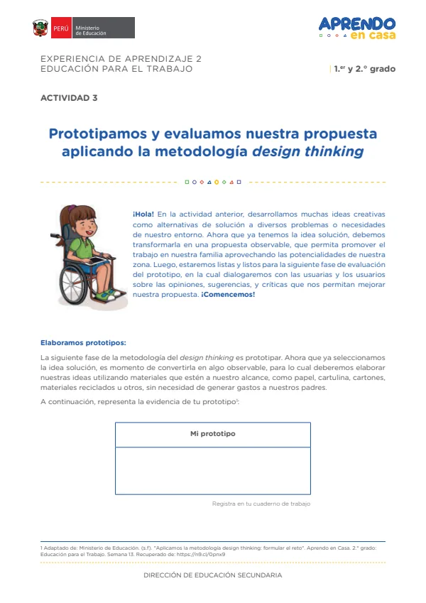 Prototipamos y evaluamos nuestra propuesta aplicando la metodología design thinking: experiencia de aprendizaje 2, Educación para el trabajo (MINEDU) PDF 1 Portada de Prototipamos y evaluamos nuestra propuesta aplicando la metodología design thinking - 2.º grado de Secundaria - MINEDU