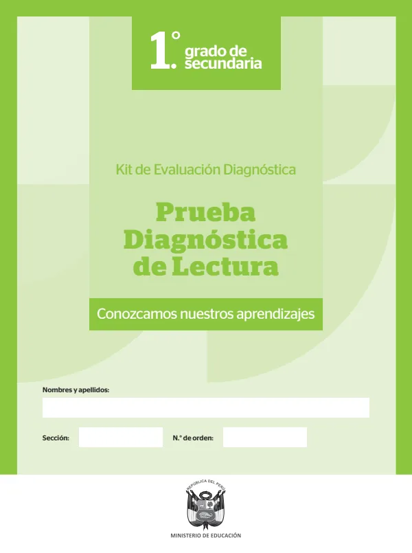 Prueba diagnóstica de Lectura 1º grado de Secundaria (MINEDU) PDF 1 Portada de Prueba diagnóstica de Lectura 1º grado de Secundaria - Evaluación diagnóstica - MINEDU
