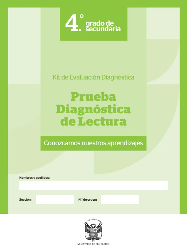Prueba diagnóstica de Lectura 4º de Secundaria resuelto (MINEDU) PDF 1 Portada de Prueba diagnóstica de Lectura 4º de Secundaria resuelto - MINEDU