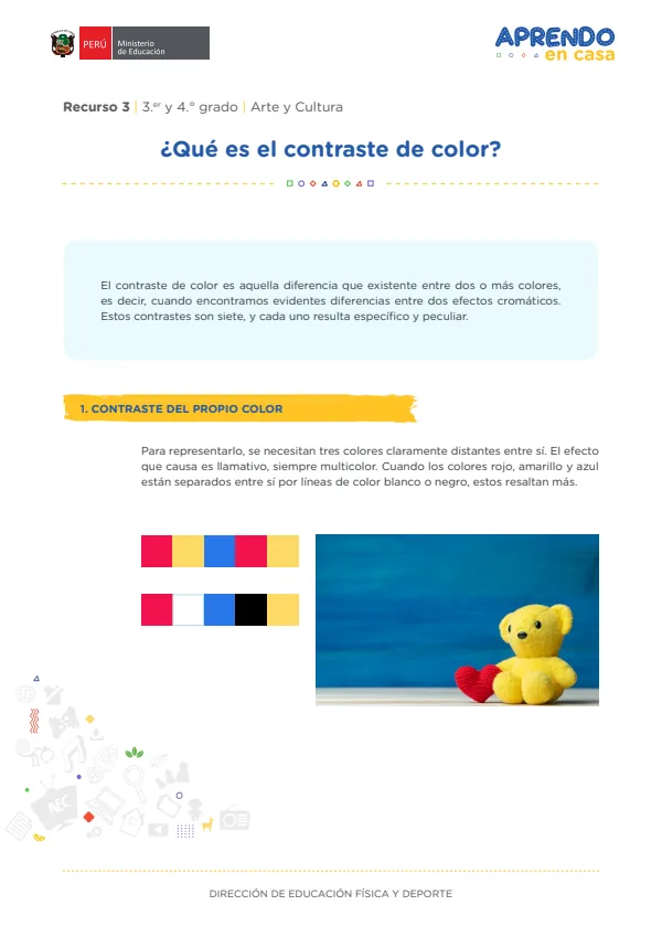 ¿Qué es el contraste de color? Recurso 03: 3 y 4 grado - Arte y Cultura (MINEDU) PDF 1 Portada de ¿Qué es el contraste de color? Recurso 03: 3 y 4 grado - Arte y Cultura - Aprendo en Casa - MINEDU