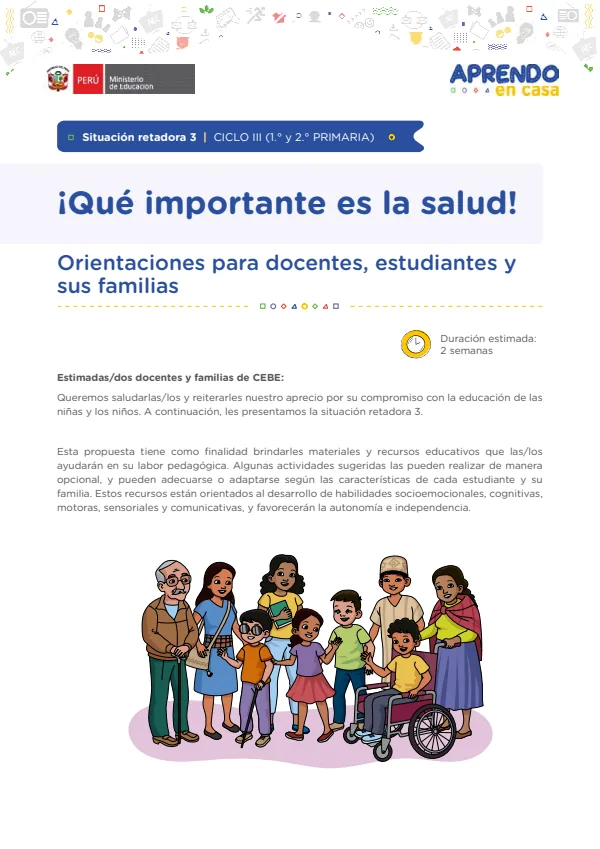 ¡Qué importante es la salud! - Mateaprendiendo: Situación retadora 3. Ciclo III (1. y 2. Primaria) (MINEDU) PDF 1 Portada de ¡Qué importante es la salud! - Mateaprendiendo: Situación retadora 3. Ciclo III (1. - Educación Básica Especial (EBE) - MINEDU