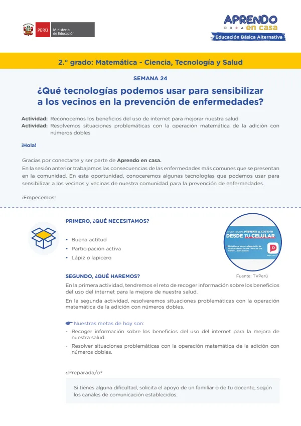 ¿Qué tecnologías podemos usar para sensibilizar a los vecinos en la prevención de enfermedades? (MINEDU) PDF 1 Portada de ¿Qué tecnologías podemos usar para sensibilizar a los vecinos en la prevención - Educación Básica Alternativa (EBA) - MINEDU