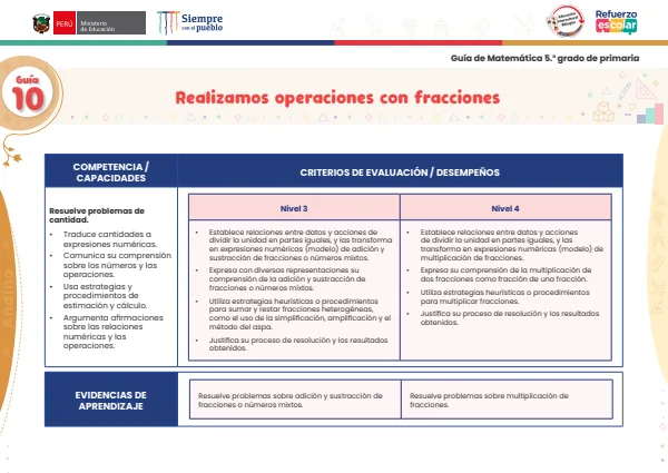 Realizamos operaciones con fracciones: guía 10 - matemática - andino. 5. grado (MINEDU) PDF 1 Portada de Realizamos operaciones con fracciones: guía 10 - matemática - andino. 5. grado - Guías docentes - MINEDU