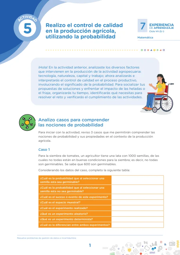 Realizo el control de calidad en la producción agrícola, utiiizando la probabilidad (MINEDU) PDF 1 Portada de Realizo el control de calidad en la producción agrícola, utiiizando la probabilidad - 5.º grado de Secundaria - MINEDU