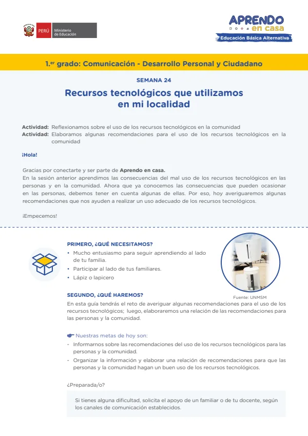 Recursos tecnológicos que utilizamos en mi localidad - Educación Inicial (MINEDU) PDF 1 Portada de Recursos tecnológicos que utilizamos en mi localidad - Educación Inicial - Educación Básica Alternativa (EBA) - MINEDU
