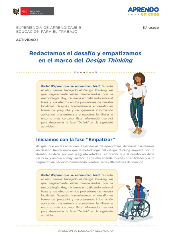 Redactamos el desafío y empatizamos en el marco del Design Thinking: experiencia de aprendizaje 9, Educación para el trabajo (MINEDU) PDF 1 Portada de Redactamos el desafío y empatizamos en el marco del Design Thinking: experiencia - 5.º grado de Secundaria - MINEDU