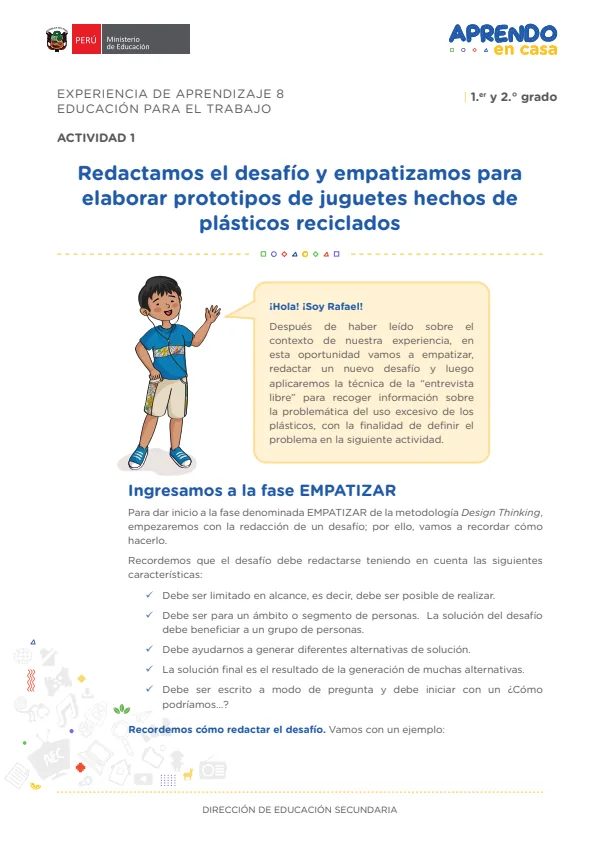 Redactamos el desafío y empatizamos para elaborar prototipos de juguetes hechos de plásticos reciclados: experiencia de aprendizaje 8 (MINEDU) PDF 1 Portada de Redactamos el desafío y empatizamos para elaborar prototipos de juguetes hechos - 2.º grado de Secundaria - MINEDU