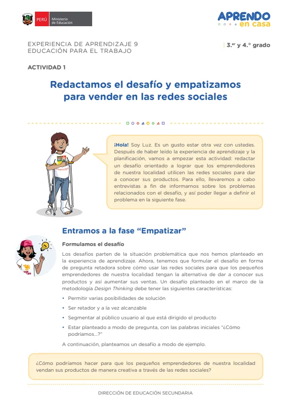 Redactamos el desafío y empatizamos para vender en las redes sociales: experiencia de aprendizaje 9, Educación para el trabajo (MINEDU) PDF 1 Portada de Redactamos el desafío y empatizamos para vender en las redes sociales: experiencia - 4.º grado de Secundaria - MINEDU