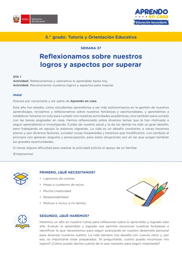 Reflexionamos sobre nuestros logros y aspectos por superar. 5. grado (MINEDU) PDF 1 Portada de Reflexionamos sobre nuestros logros y aspectos por superar. 5. grado - MINEDU