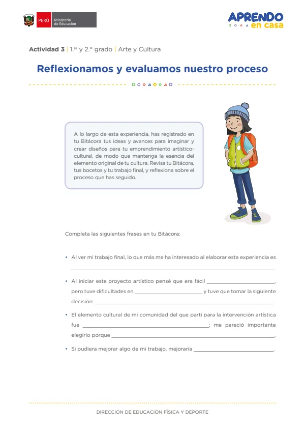 Reflexionamos y evaluamos nuestro proceso. Actividad 03: 1 y 2 grado - Arte y Cultura (MINEDU) PDF 1 Portada de Reflexionamos y evaluamos nuestro proceso. Actividad 03: 1 y 2 grado - Arte y Cultura - MINEDU