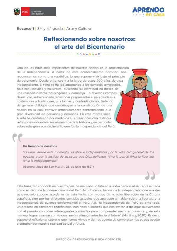 Reflexionando sobre nosotros: el arte del Bicentenario , 3.er y 4. grado (MINEDU) PDF 1 Portada de Reflexionando sobre nosotros: el arte del Bicentenario , 3.er y 4. grado - MINEDU