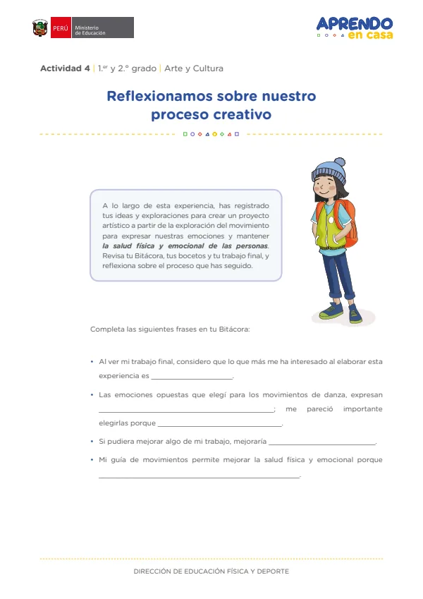Reflexionar sobre nuestro proceso creativo. Actividad 04: 1 y 2 grado - Arte y Cultura (MINEDU) PDF 1 Portada de Reflexionar sobre nuestro proceso creativo. Actividad 04: 1 y 2 grado - Arte y Cultura - MINEDU