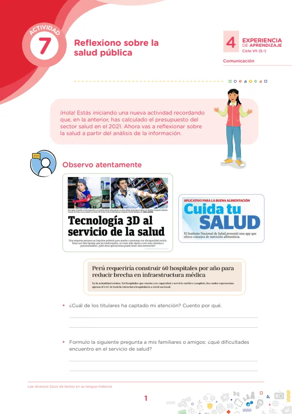 Reflexiono sobre la salud pública - 5.° grado de Secundaria (MINEDU) PDF 1 Portada de Reflexiono sobre la salud pública - 5.° grado de Secundaria - MINEDU