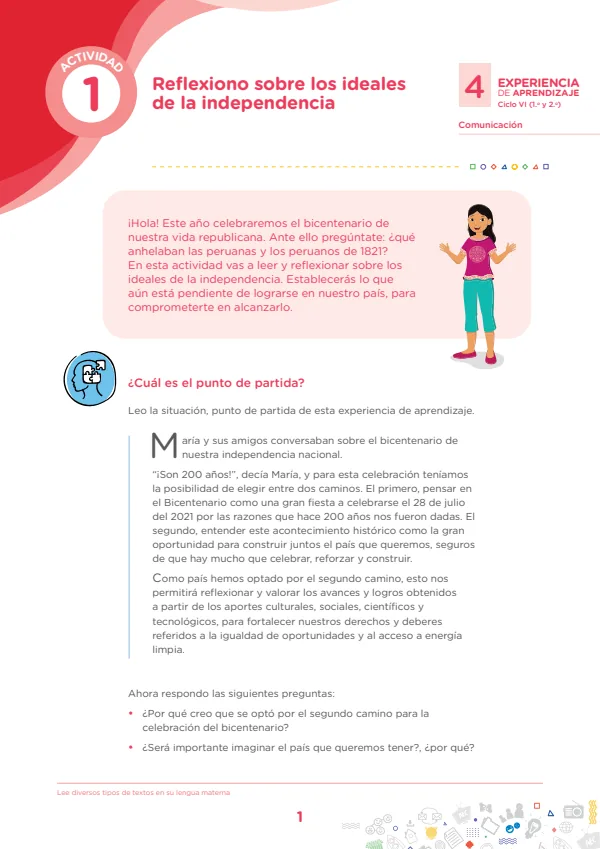 Reflexiono sobre los ideales de la independencia - Secundaria (MINEDU) PDF 1 Portada de Reflexiono sobre los ideales de la independencia - Secundaria - MINEDU