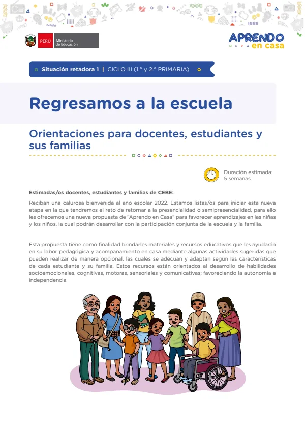 Regresamos a la escuela - A moverse: Situación retadora 1. Ciclo III (1. y 2. Primaria) (MINEDU) PDF 1 Portada de Regresamos a la escuela - A moverse: Situación retadora 1. Ciclo III (1. y 2. Primaria) - Educación Básica Especial (EBE) - MINEDU