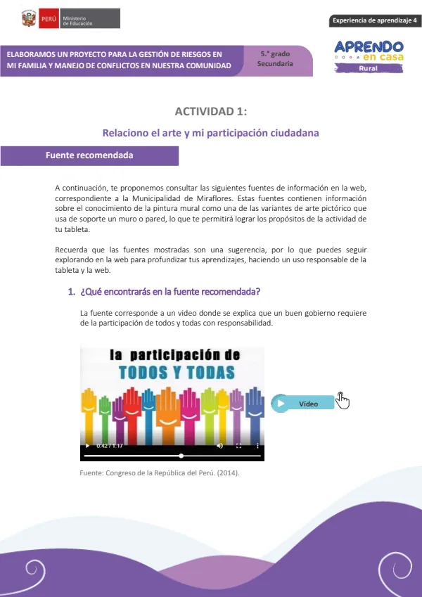 Relaciono el arte y mi participación ciudadana. Actividad 01: 5 grado (MINEDU) PDF 1 Portada de Relaciono el arte y mi participación ciudadana. Actividad 01: 5 grado - MINEDU
