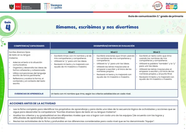 Rimamos, escribimos y nos divertimos: guía 4 - comunicación - amazónico. 2. grado (MINEDU) PDF 1 Portada de Rimamos, escribimos y nos divertimos: guía 4 - comunicación - amazónico. 2. grado - Guías docentes - MINEDU