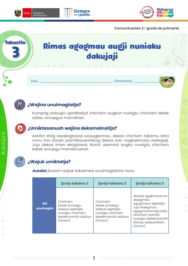 Rimas agagmau augji nuniaku dakujaji: Takastin 3 - comunicación. 2. grado (MINEDU) PDF 1 Portada de Rimas agagmau augji nuniaku dakujaji: Takastin 3 - comunicación. 2. grado - MINEDU