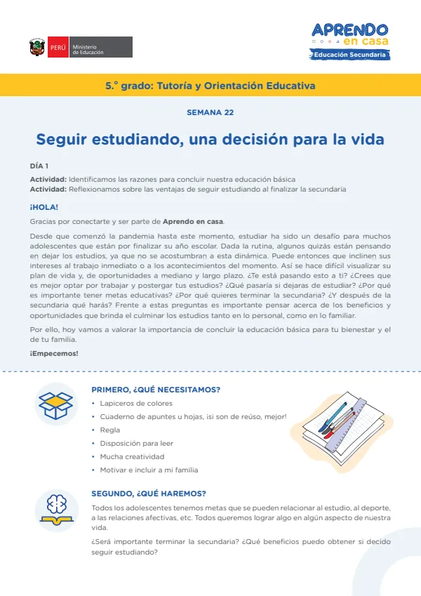 Seguir estudiando, una decisión para la vida - Secundaria (MINEDU) PDF 1 Portada de Seguir estudiando, una decisión para la vida - Secundaria - MINEDU