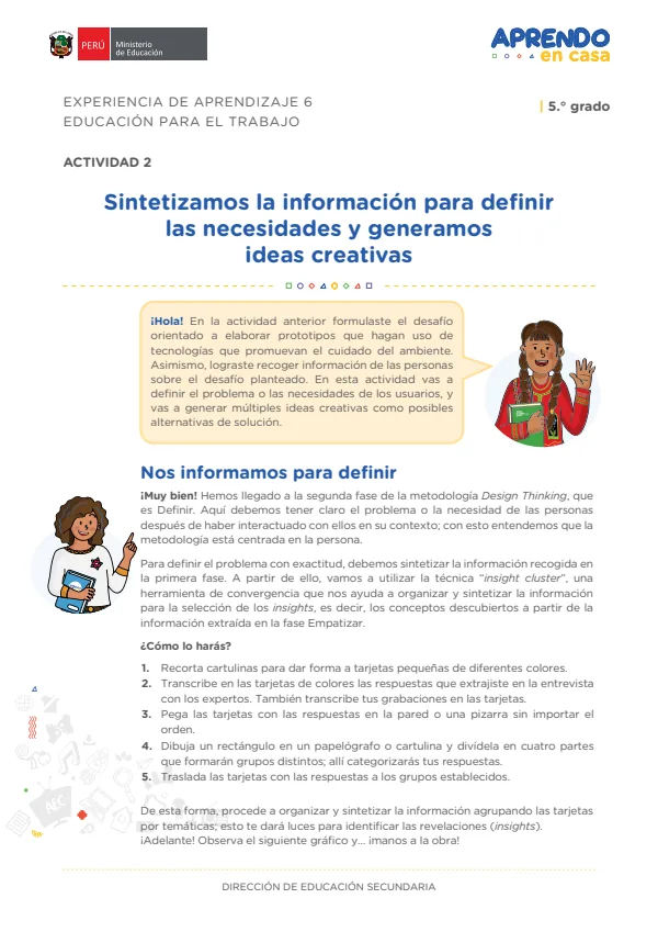 Sintetizamos la información para definir las necesidades y generamos ideas creativas: experiencia de aprendizaje 6, Educación para el trabajo (MINEDU) PDF 1 Portada de Sintetizamos la información para definir las necesidades y generamos ideas creativas - 5.º grado de Secundaria - MINEDU