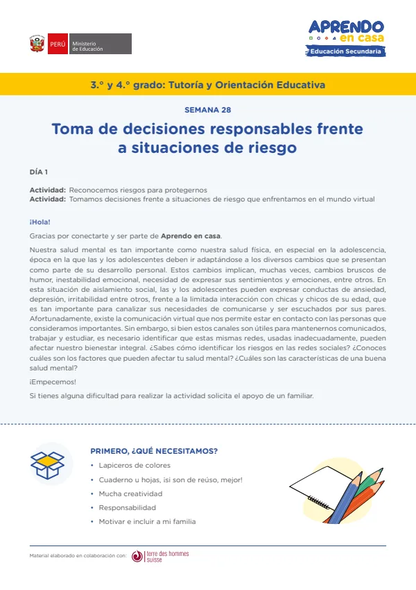 Toma de decisiones responsables frente a situaciones de riesgo - Secundaria (MINEDU) PDF 1 Portada de Toma de decisiones responsables frente a situaciones de riesgo - Secundaria - MINEDU