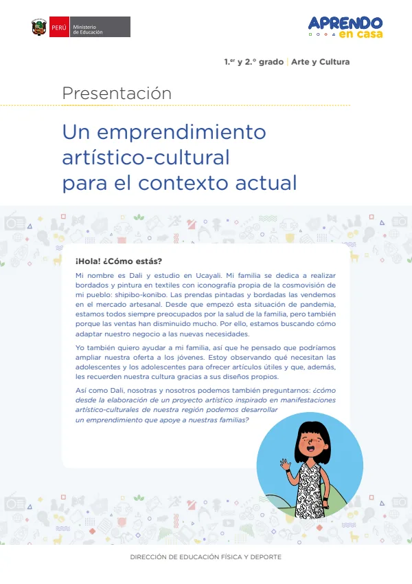 Un emprendimiento artístico-cultural para el contexto actual, presentación. 1 y 2 grado - Arte y Cultura (MINEDU) PDF 1 Portada de Un emprendimiento artístico-cultural para el contexto actual, presentación. 1 y 2 grado - MINEDU