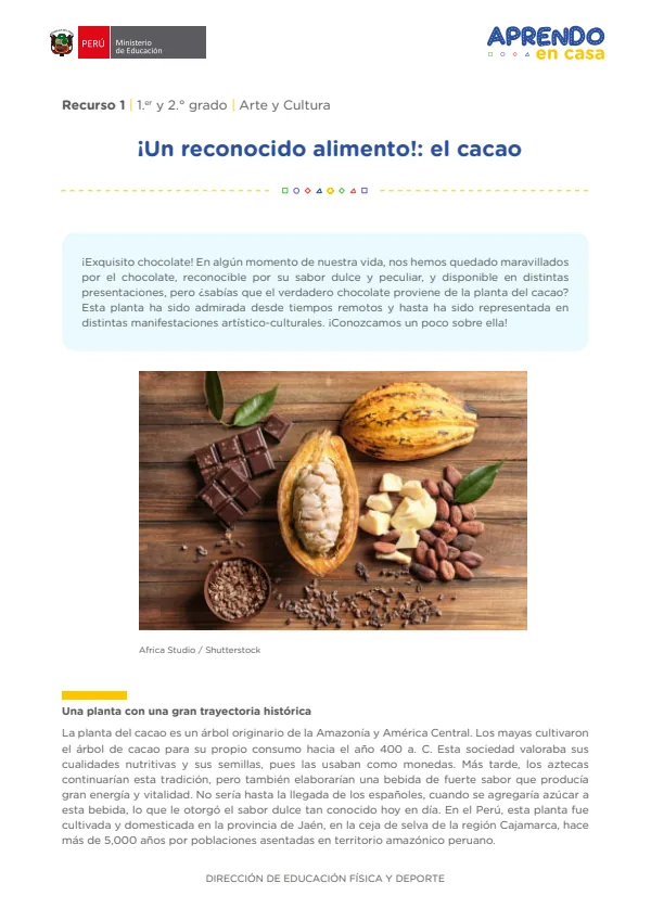 ¡Un reconocido alimento!: el cacao , 1.er y 2. grado (MINEDU) PDF 1 Portada de ¡Un reconocido alimento!: el cacao , 1.er y 2. grado - MINEDU