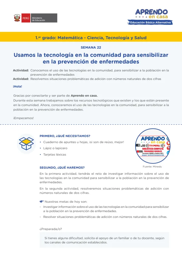 Usamos la tecnología en la comunidad para sensibilizar en la prevención de enfermedades (MINEDU) PDF 1 Portada de Usamos la tecnología en la comunidad para sensibilizar en la prevención de enfermedades - Educación Básica Alternativa (EBA) - MINEDU