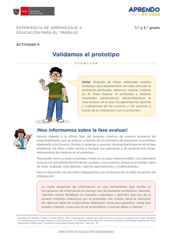 Validamos el prototipo: experiencia de aprendizaje 4, Educación para el trabajo (MINEDU) PDF 1 Portada de Validamos el prototipo: experiencia de aprendizaje 4, Educación para el trabajo - 2.º grado de Secundaria - MINEDU