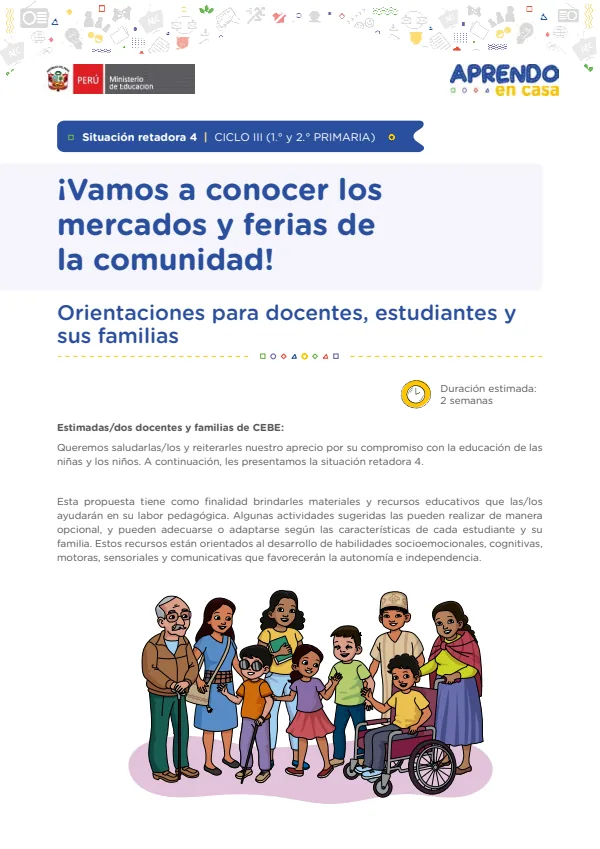 ¡Vamos a conocer los mercados y ferias de la comunidad! - Mateaprendiendo: Situación retadora 4 (MINEDU) PDF 1 Portada de ¡Vamos a conocer los mercados y ferias de la comunidad! - Mateaprendiendo: Situación - Educación Básica Especial (EBE) - MINEDU