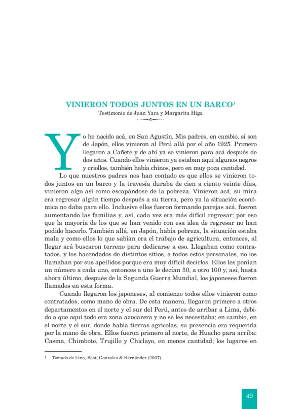 Vinieron todos juntos en un barco. Testimonio de Juan Yara y Margarita Higa - 2.° grado de Secundaria (MINEDU) PDF 1 Portada de Vinieron todos juntos en un barco. Testimonio de Juan Yara y Margarita Higa - 2.° grado - MINEDU