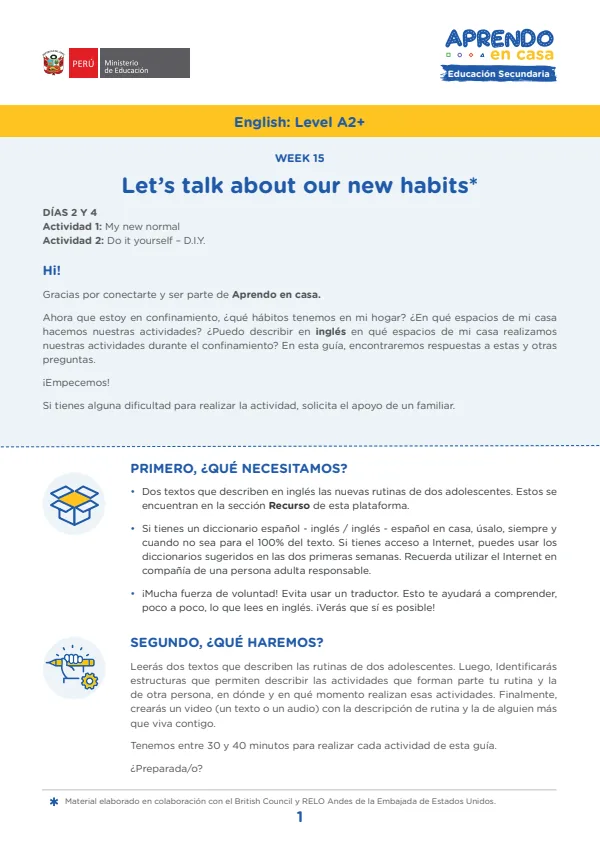 W15: Let's talk about our new habits, English: Level A2+ - 5.° grado de Secundaria (MINEDU) PDF 1 Portada de W15: Let's talk about our new habits, English: Level A2+ - 5.° grado de Secundaria - MINEDU