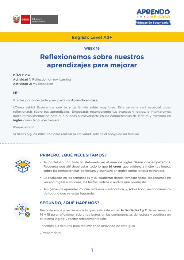 W16: Reflexionemos nuestros aprendizajes para mejorar, English: Level A2+, Activity: Reflection on my learning (MINEDU) PDF 1 Portada de W16: Reflexionemos nuestros aprendizajes para mejorar, English: Level A2+, Activity - 5.º grado de Secundaria - MINEDU
