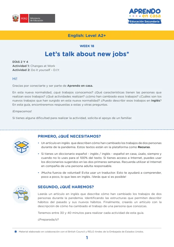 W18: Let's talk about new jobs, English: Level A2+ - 5.° grado de Secundaria (MINEDU) PDF 1 Portada de W18: Let's talk about new jobs, English: Level A2+ - 5.° grado de Secundaria - MINEDU