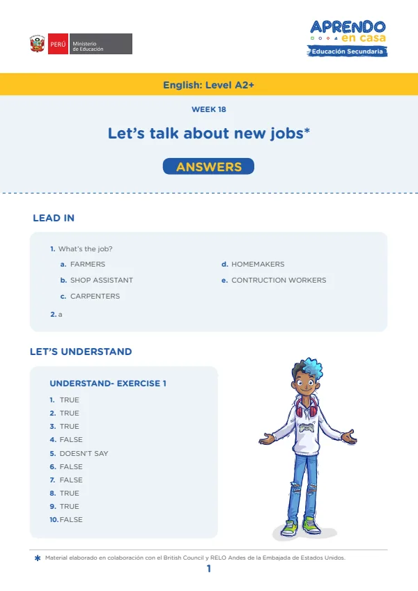 W18: Let's talk about new jobs, English: Level A2+, Activity: Changes at work, Answers (MINEDU) PDF 1 Portada de W18: Let's talk about new jobs, English: Level A2+, Activity: Changes at work, Answers - 5.º grado de Secundaria - MINEDU
