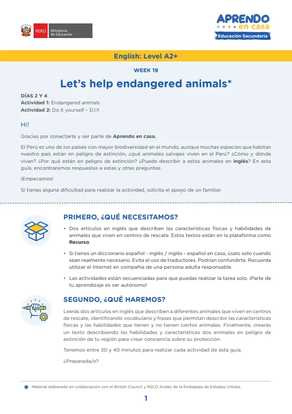 W19: Let's help endangered animals, English: Level A2+ - 5.° grado de Secundaria (MINEDU) PDF 1 Portada de W19: Let's help endangered animals, English: Level A2+ - 5.° grado de Secundaria - MINEDU