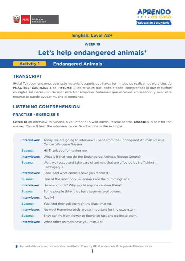 W19: Let's help endangered animals, English: Level A2+, Activity: Endangered animals (MINEDU) PDF 1 Portada de W19: Let's help endangered animals, English: Level A2+, Activity: Endangered animals - 5.º grado de Secundaria - MINEDU