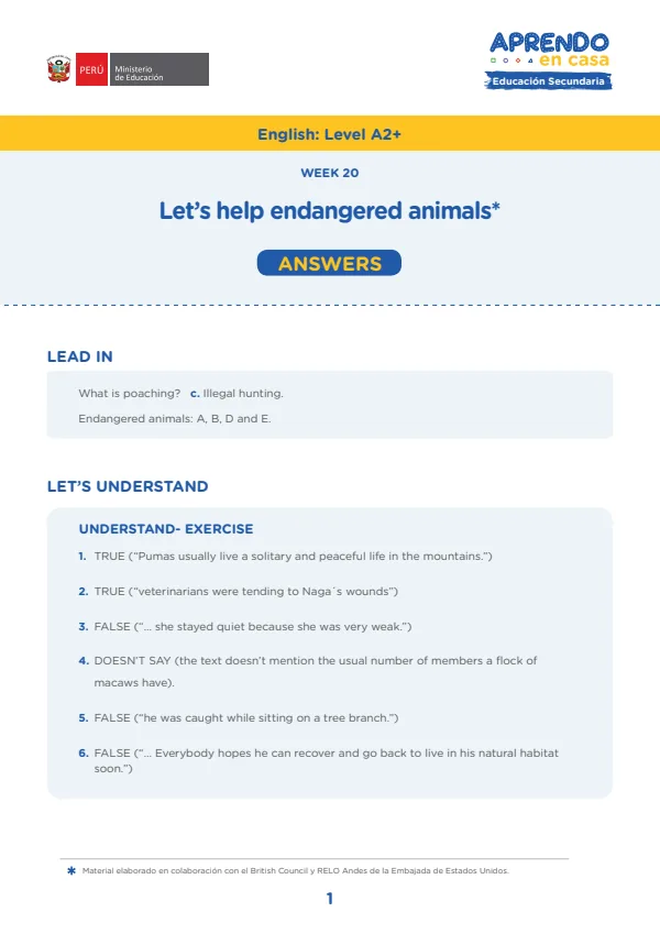 W20: Let's help endangered animals, English: Level A2+, Activity: Big or small, save them all (MINEDU) PDF 1 Portada de W20: Let's help endangered animals, English: Level A2+, Activity: Big or small, save - 5.º grado de Secundaria - MINEDU