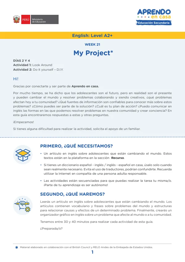 W21: My proyect, English: Level A2+ - 5.° grado de Secundaria (MINEDU) PDF 1 Portada de W21: My proyect, English: Level A2+ - 5.° grado de Secundaria - MINEDU