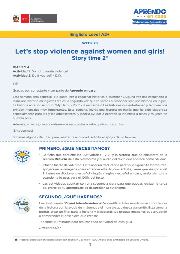 W23: Let's stop violence against women and girls!, English: Level A2+ - 5.° grado de Secundaria (MINEDU) PDF 1 Portada de W23: Let's stop violence against women and girls!, English: Level A2+ - 5.° grado - MINEDU