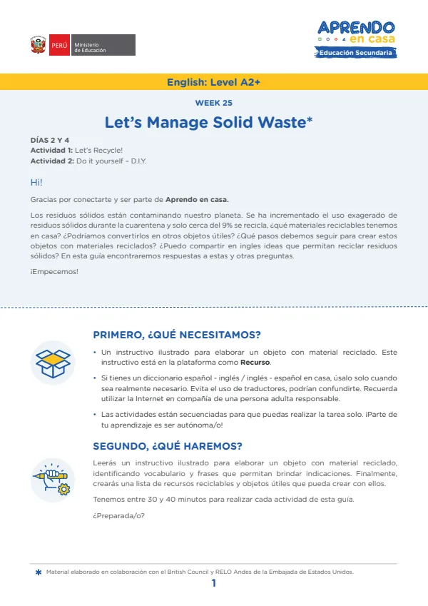 W25: Let's Manage Solid Waste, English: Level A2+ - 5.° grado de Secundaria (MINEDU) PDF 1 Portada de W25: Let's Manage Solid Waste, English: Level A2+ - 5.° grado de Secundaria - MINEDU